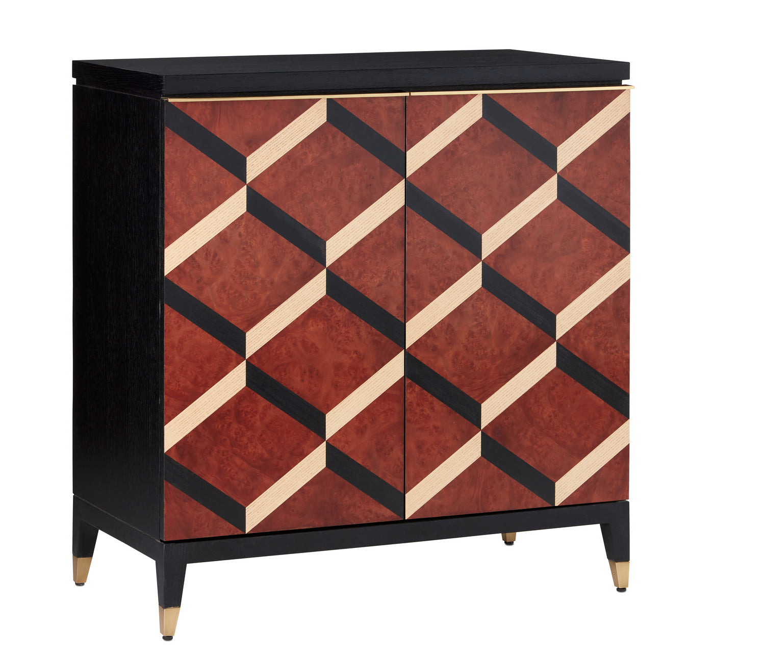 Currey and Company Bar Cabinet from the Sergio collection in Chestnut Burl/Black/Ash/Brass finish