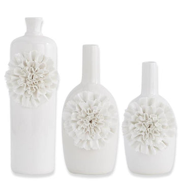 Design Shop Set of 3 White Ceramic Vases W/White Carnations