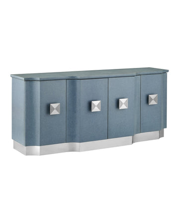Currey and Company Credenza from the Maya Collection collection in Lacquered Blue Linen/Washed Mahogany/Polished Stainless Steel finish