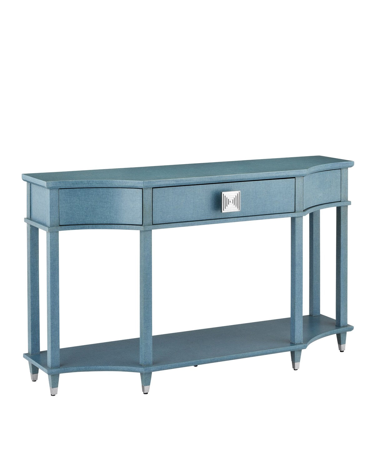 Currey and Company Console Table from the Maya Collection collection in Lacquered Blue Linen/Washed Mahogany/Polished Stainless Steel finish