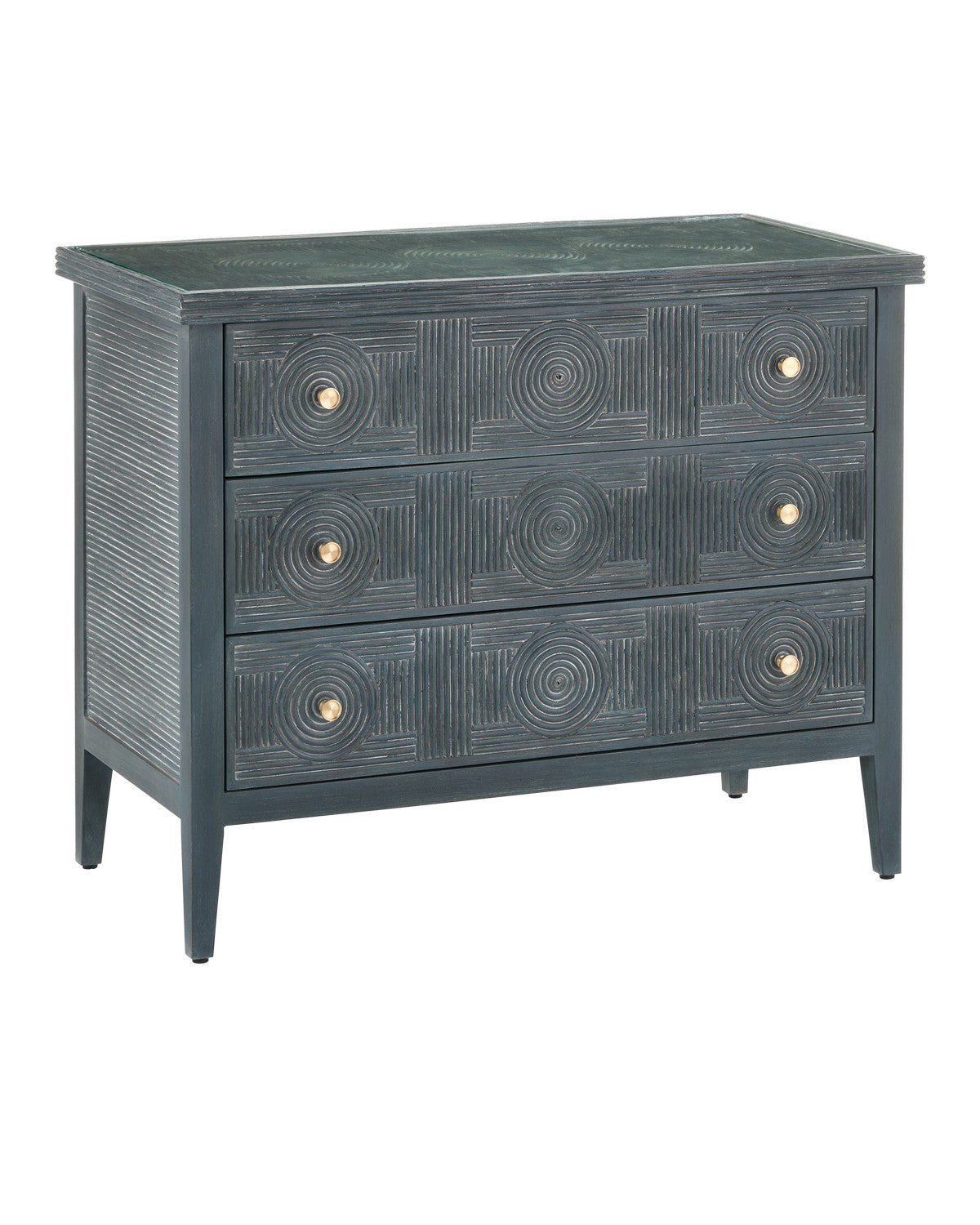 Currey and Company Chest from the Santos Collection collection in Vintage Navy/Brass/Clear finish