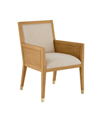 Currey and Company Armchair from the Santos Collection collection in Sea Sand/UV Liller Malt/Satin Brass finish