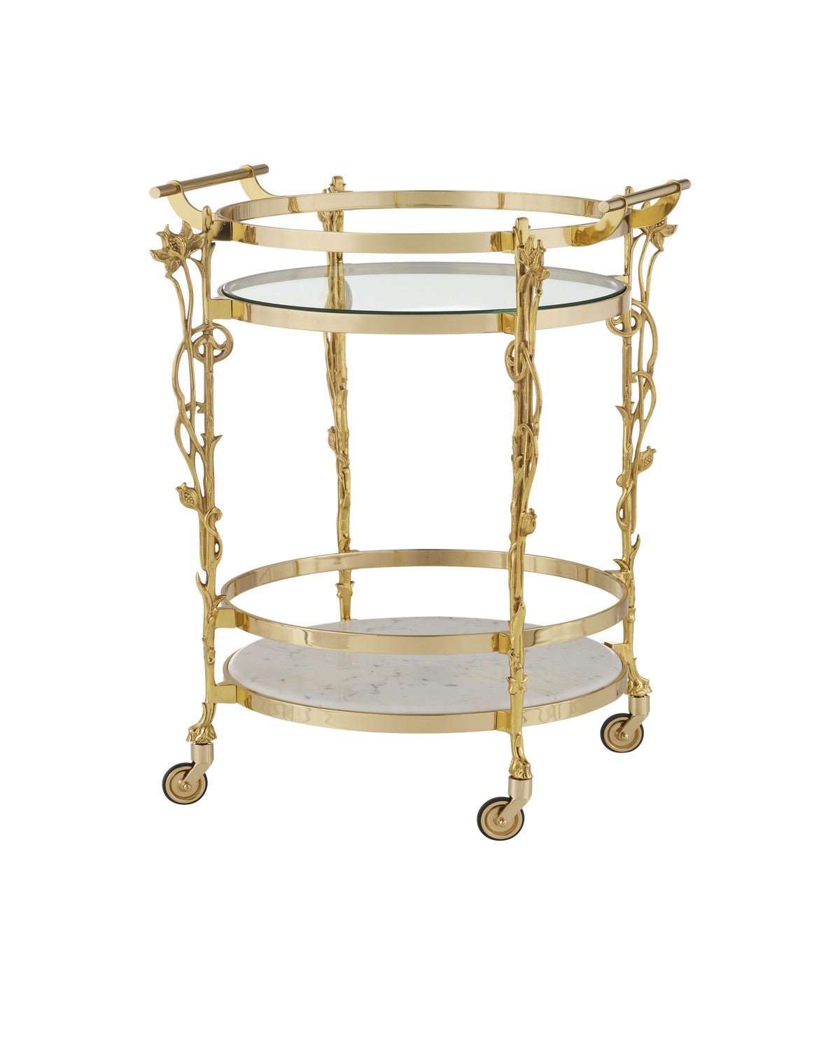 Currey and Company Bar Cart from the Fiore Collection collection in Polished Brass / Clear / Natural finish