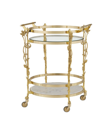 Currey and Company Bar Cart from the Fiore Collection collection in Polished Brass / Clear / Natural finish
