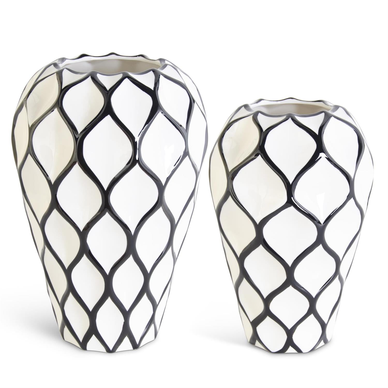 Design Shop Set of 2 White W/Black Diamond Pattern Ceramic Vases