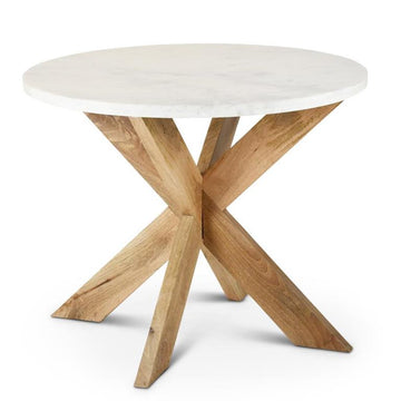 Design Shop 32 Inch White Marble Top Table W/Natural Mango Wood Cross Buck Legs