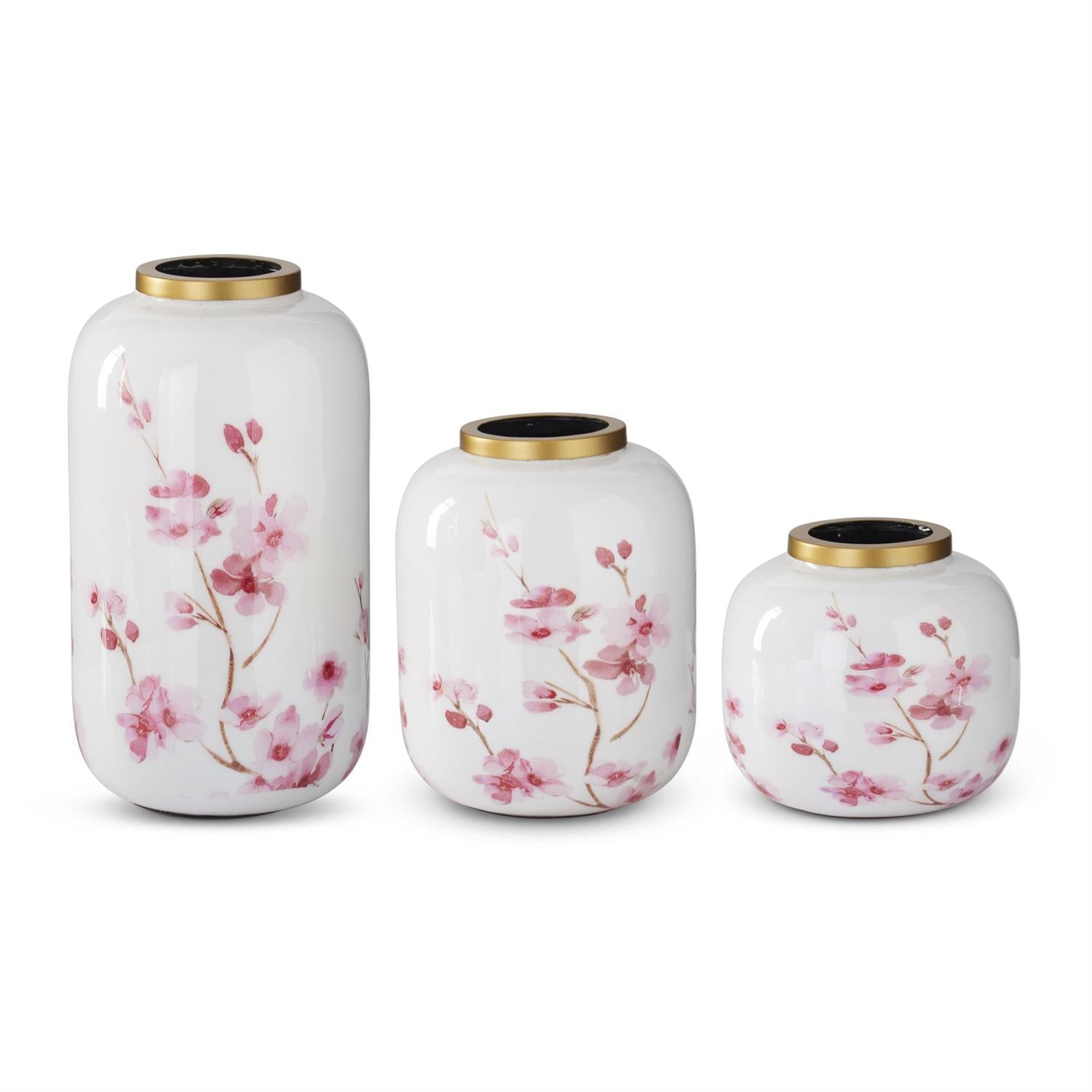 Design Shop Set of 3 White & Pink Cherry Blossom Enameled Vases w/Gold Rim