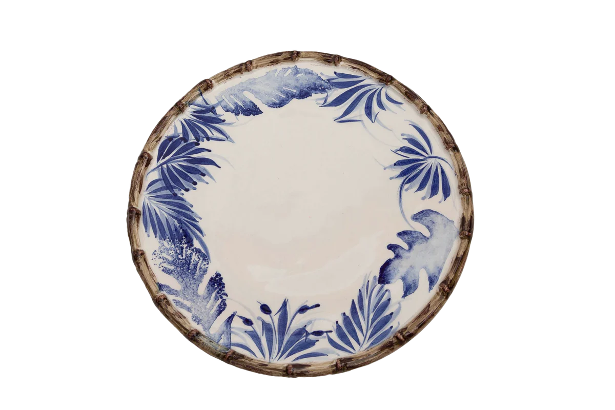 Abigails Compagnia Dinner Plate, Blue Leaves w/ Bamboo, Small, Set of 4