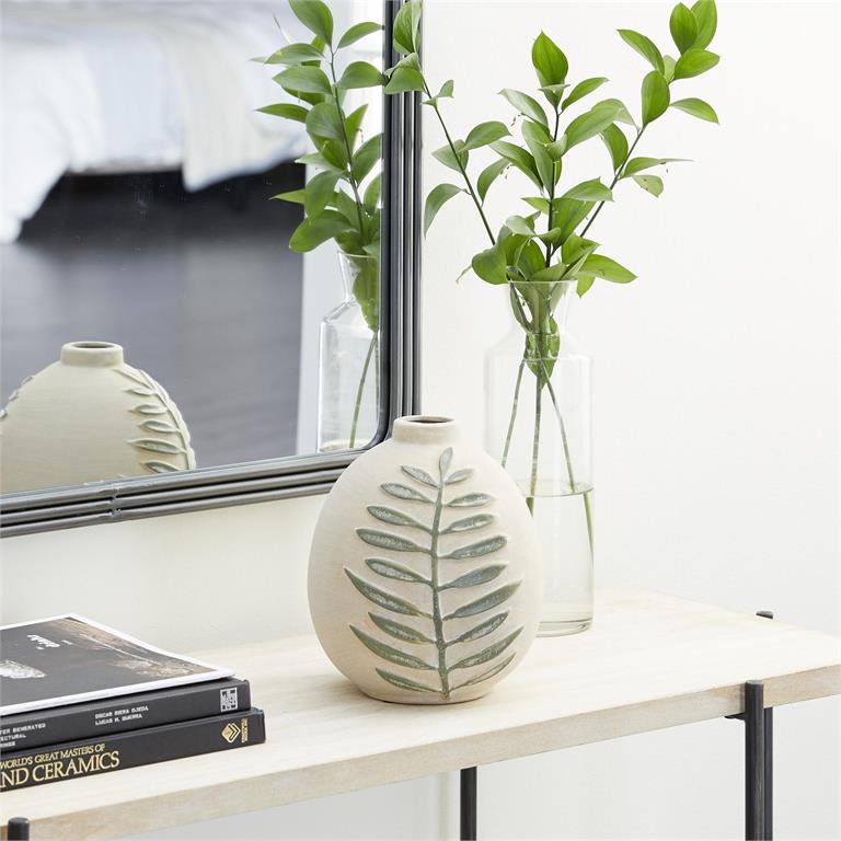 Design Shop  8 inch Beige Ceramic Leaf Vase