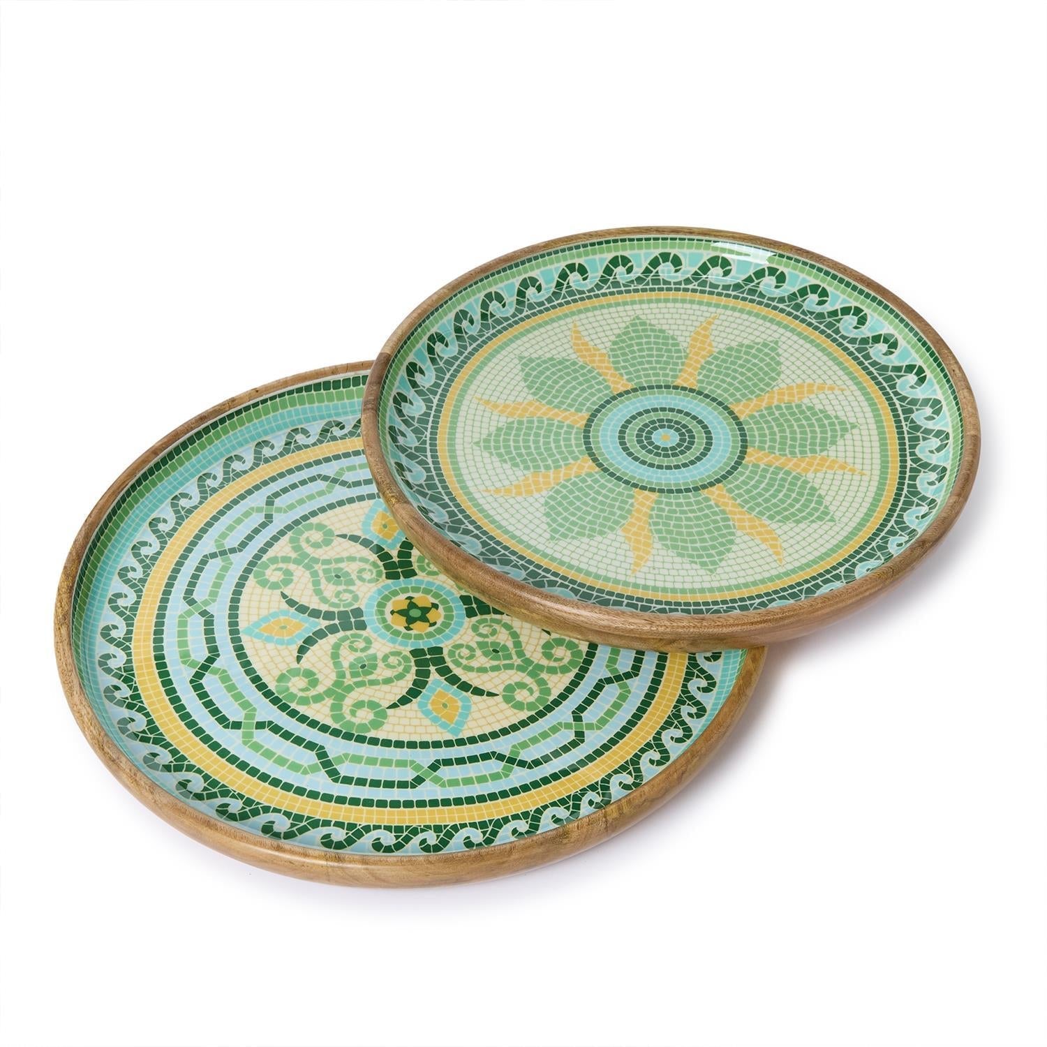Design Shop Garden View Hand-Crafted Wooden Round Trays w/Enamel - Mango Wood/Food Safe Lacquer, Set of 2.