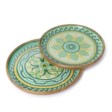 Design Shop Garden View Hand-Crafted Wooden Round Trays w/Enamel - Mango Wood/Food Safe Lacquer, Set of 2.