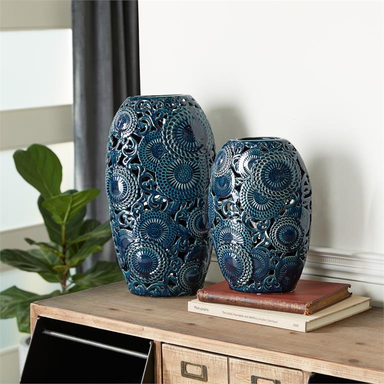 Design Shop  Blue Ceramic Floral Vase w/ Cut Out Patterns