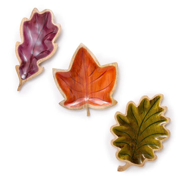 Design Shop Hand-Crafted Leaf Serving Tray w/Enamel Finish - Mango Wood/Enamel, Set of 3.