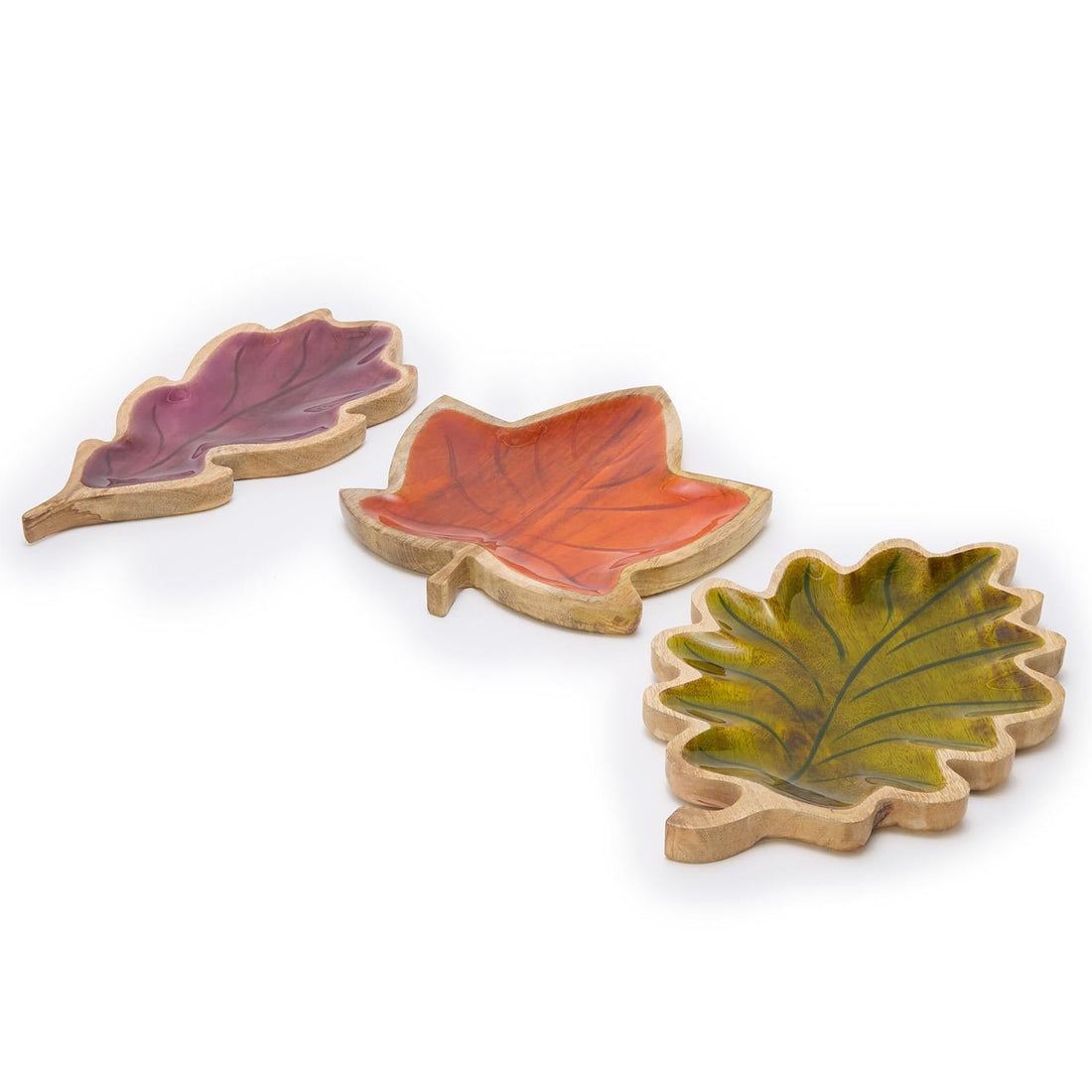 Design Shop Hand-Crafted Leaf Serving Tray w/Enamel Finish - Mango Wood/Enamel, Set of 3.