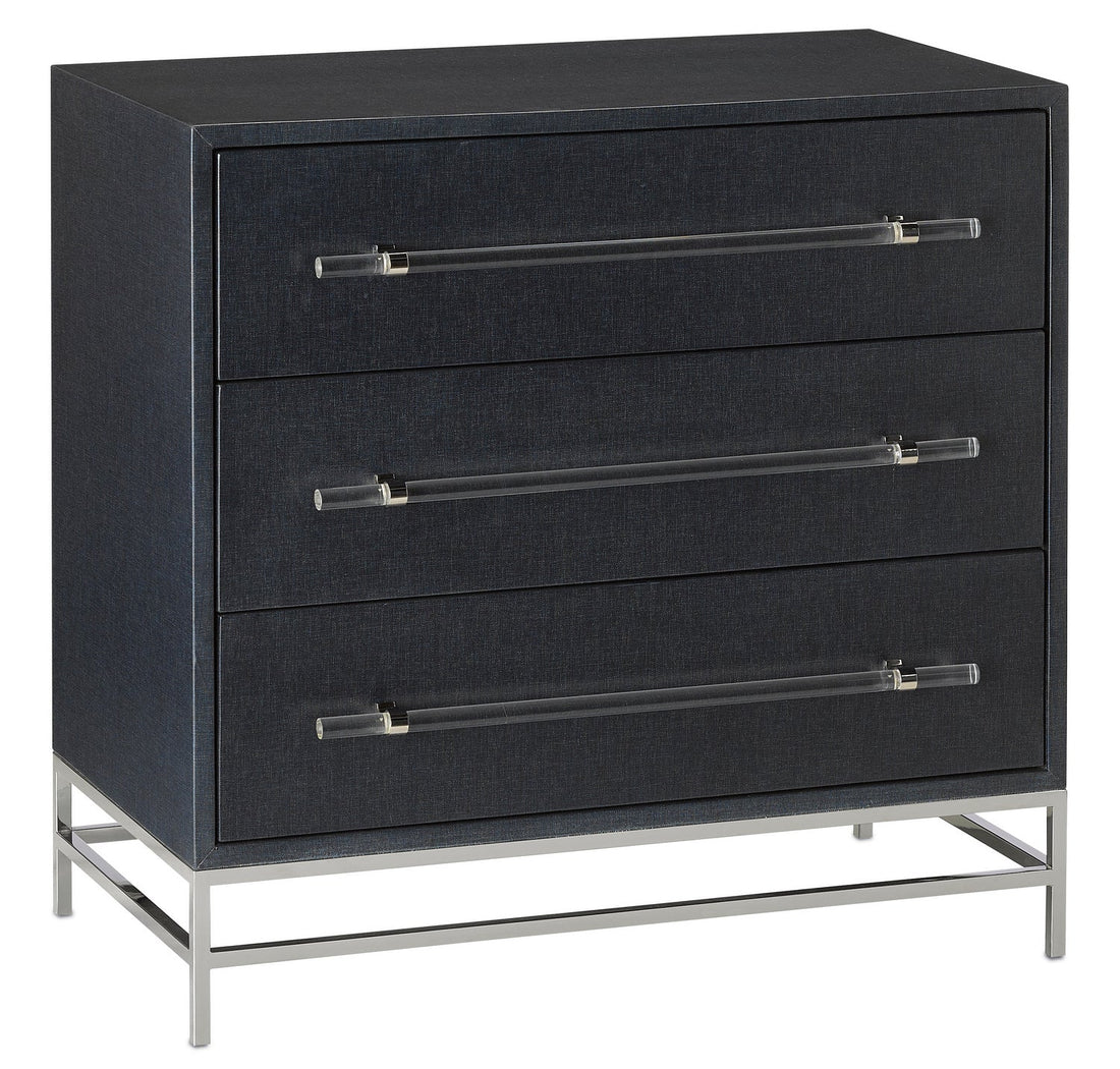 Currey and Company Chest from the Marcel collection in Navy Lacquered Linen/Polished Nickel/Black finish