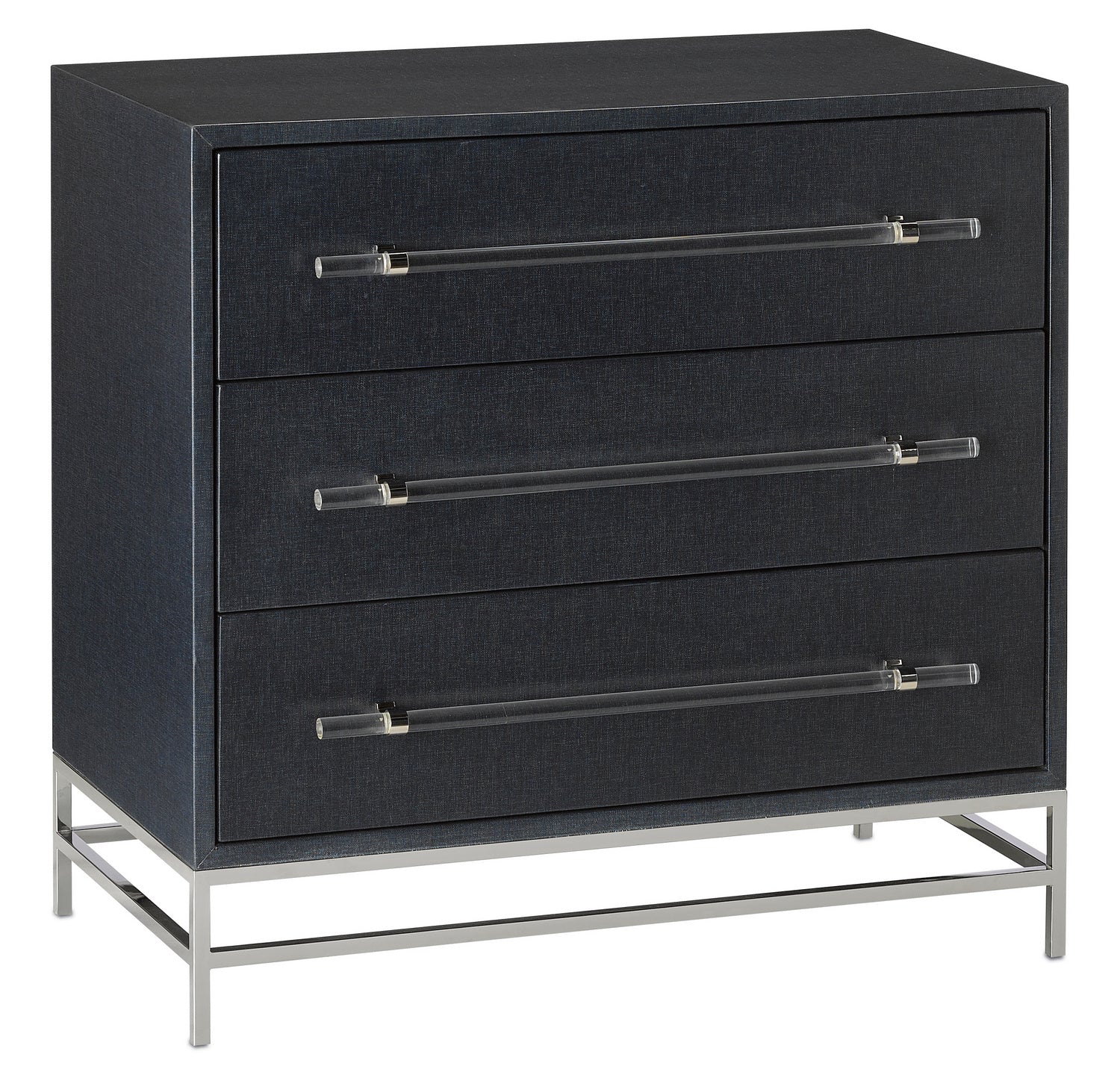 Currey and Company Chest from the Marcel collection in Navy Lacquered Linen/Polished Nickel/Black finish