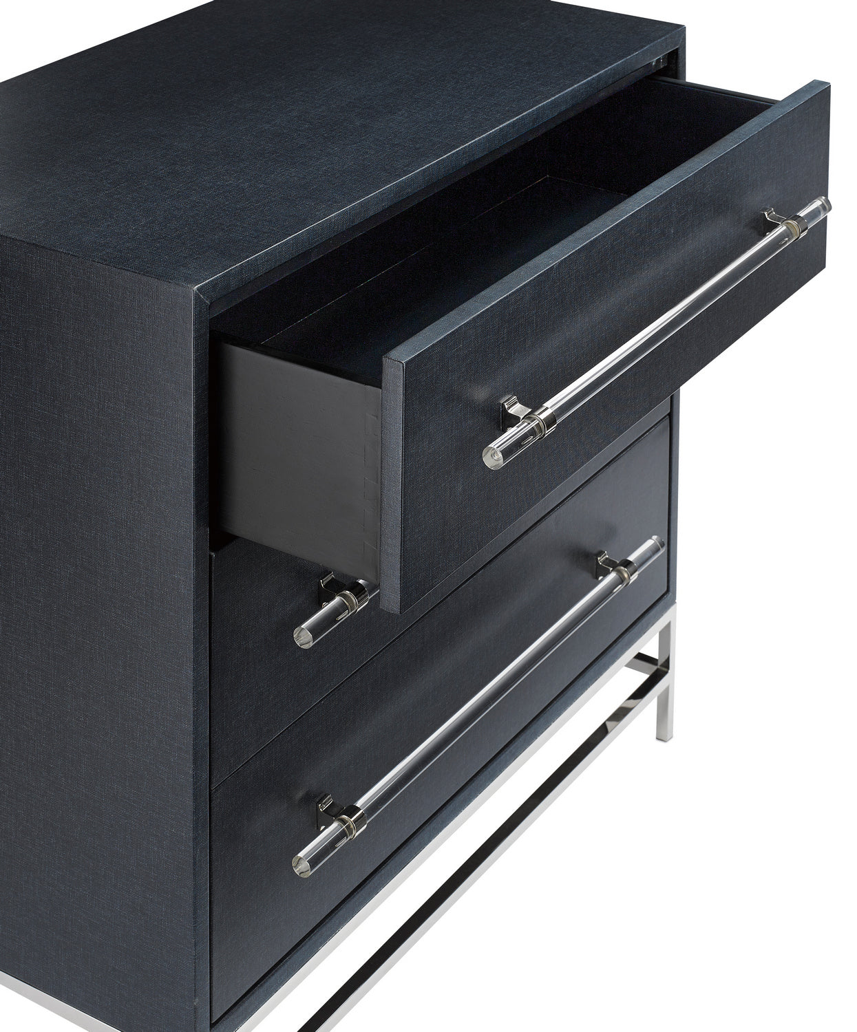 Currey and Company Chest from the Marcel collection in Navy Lacquered Linen/Polished Nickel/Black finish