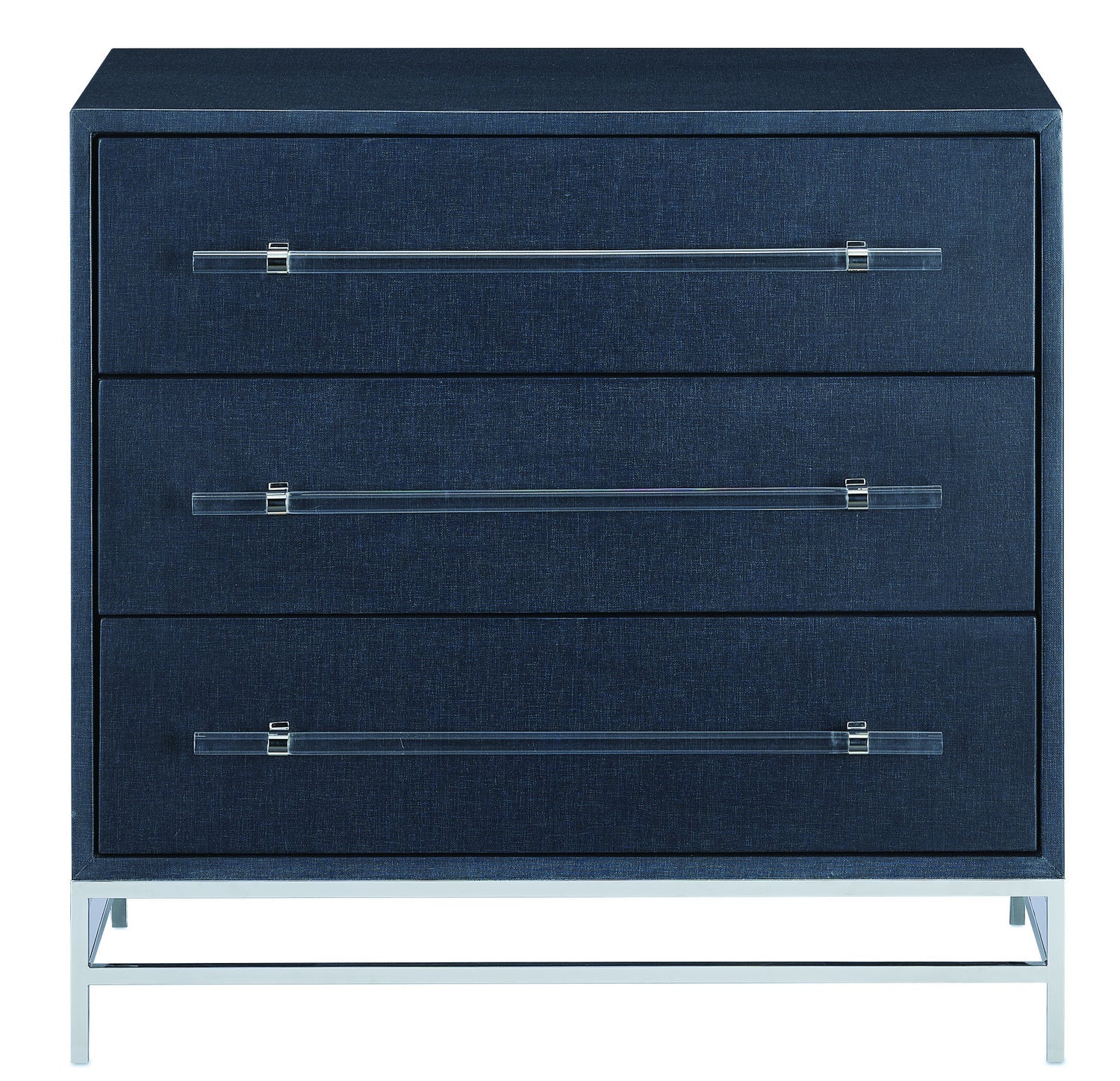 Currey and Company Chest from the Marcel collection in Navy Lacquered Linen/Polished Nickel/Black finish