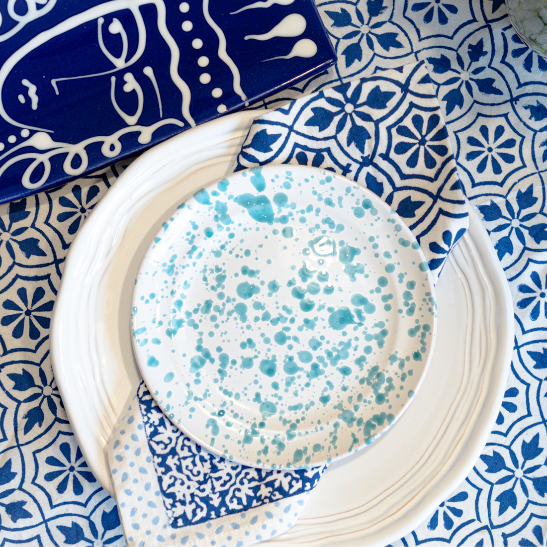 Abigails Taverna Speckled Dessert Plate, Turquoise/White, Set of 4
