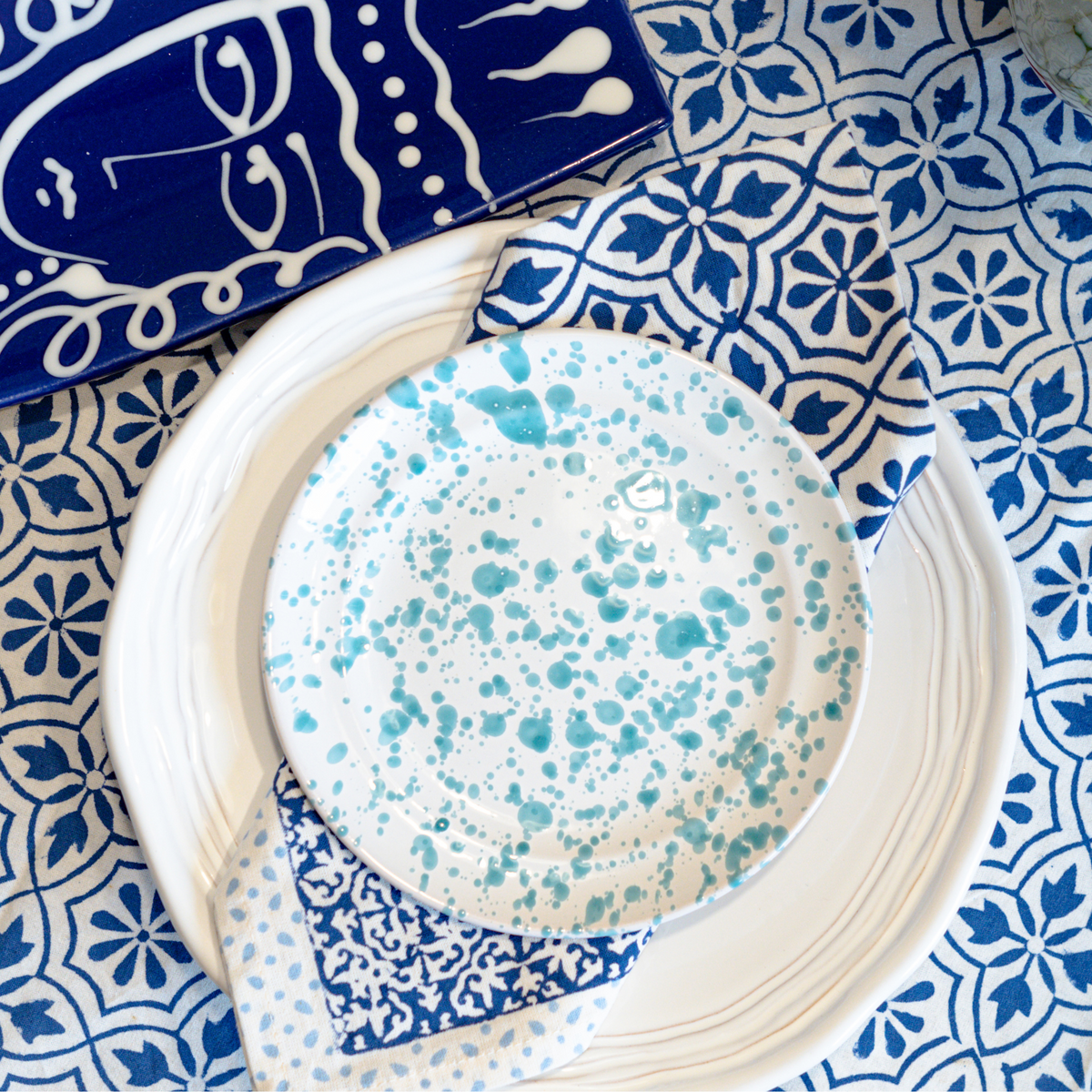 Abigails Taverna Speckled Dessert Plate, Turquoise/White, Set of 4