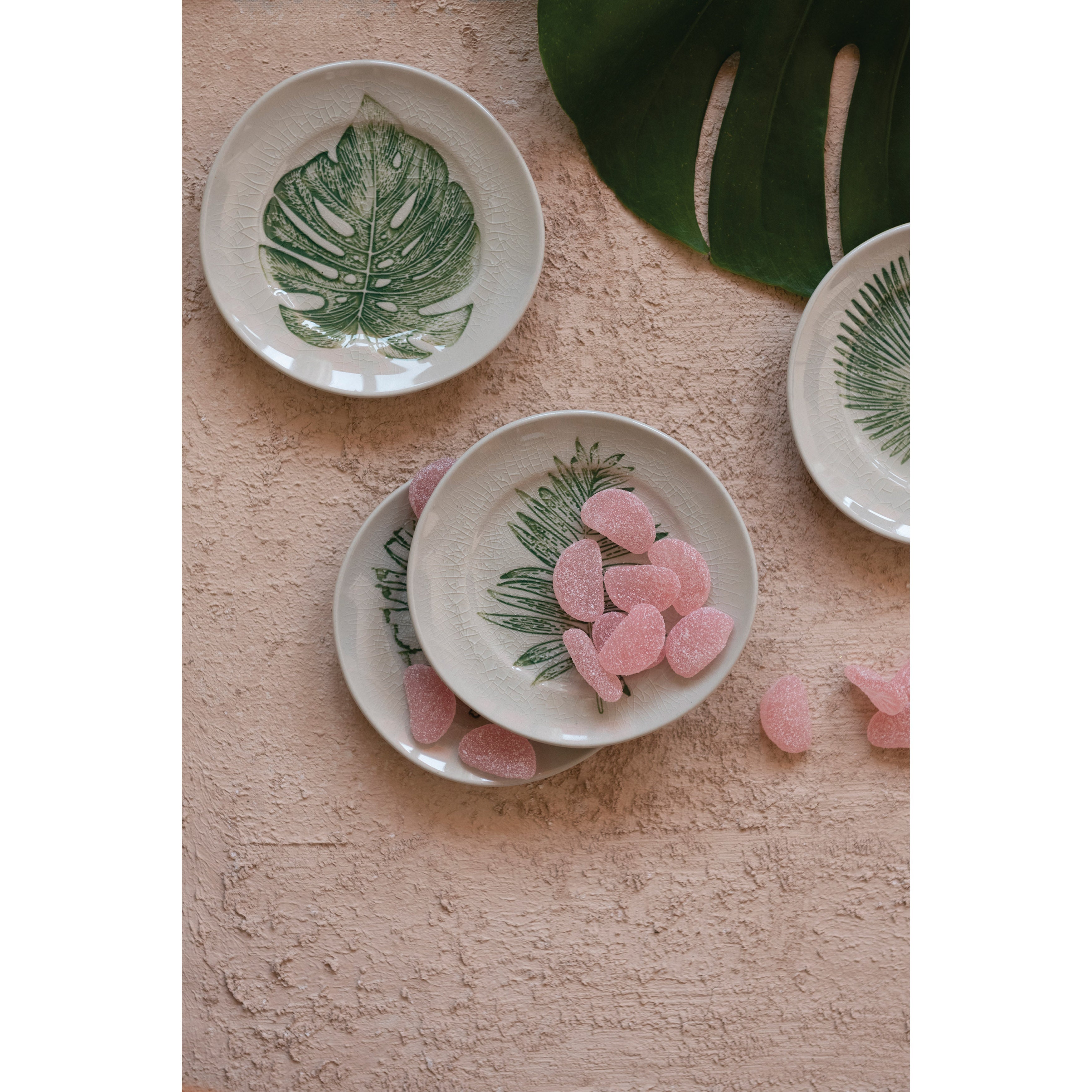 Design Shop Stoneware Plate with Debossed Leaf, Reactive Crackle Glaze. Set of 4.
