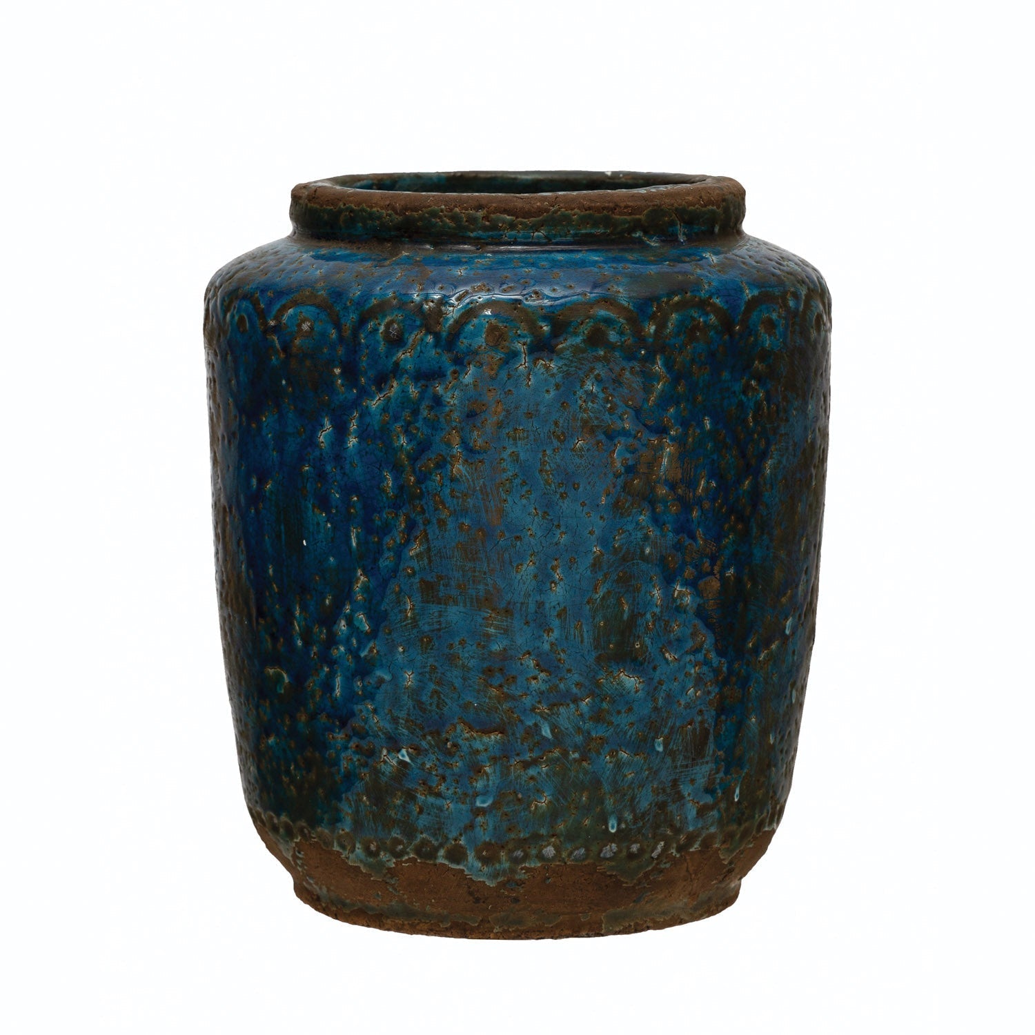 Design Shop Debossed Terra-cotta Vase, Distressed Blue Finish