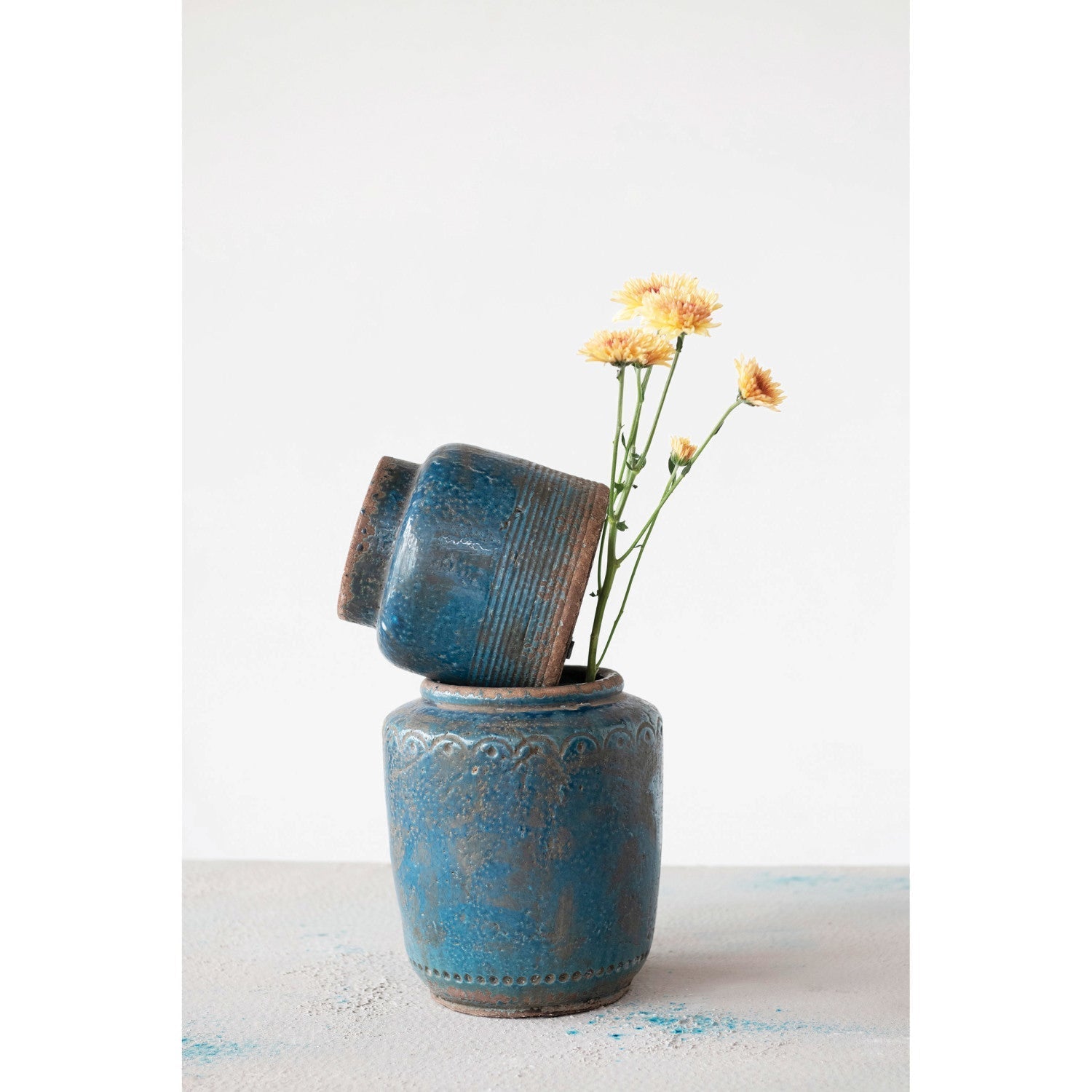 Design Shop Debossed Terra-cotta Vase, Distressed Blue Finish