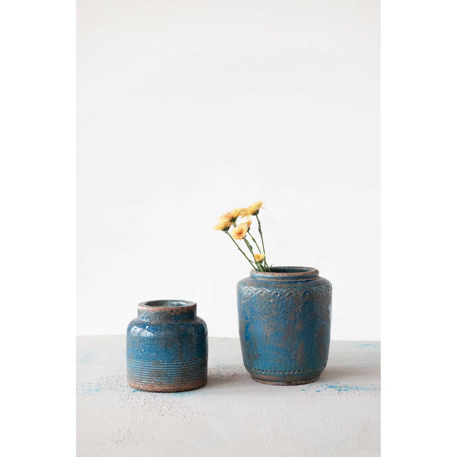 Design Shop Debossed Terra-cotta Vase, Distressed Blue Finish