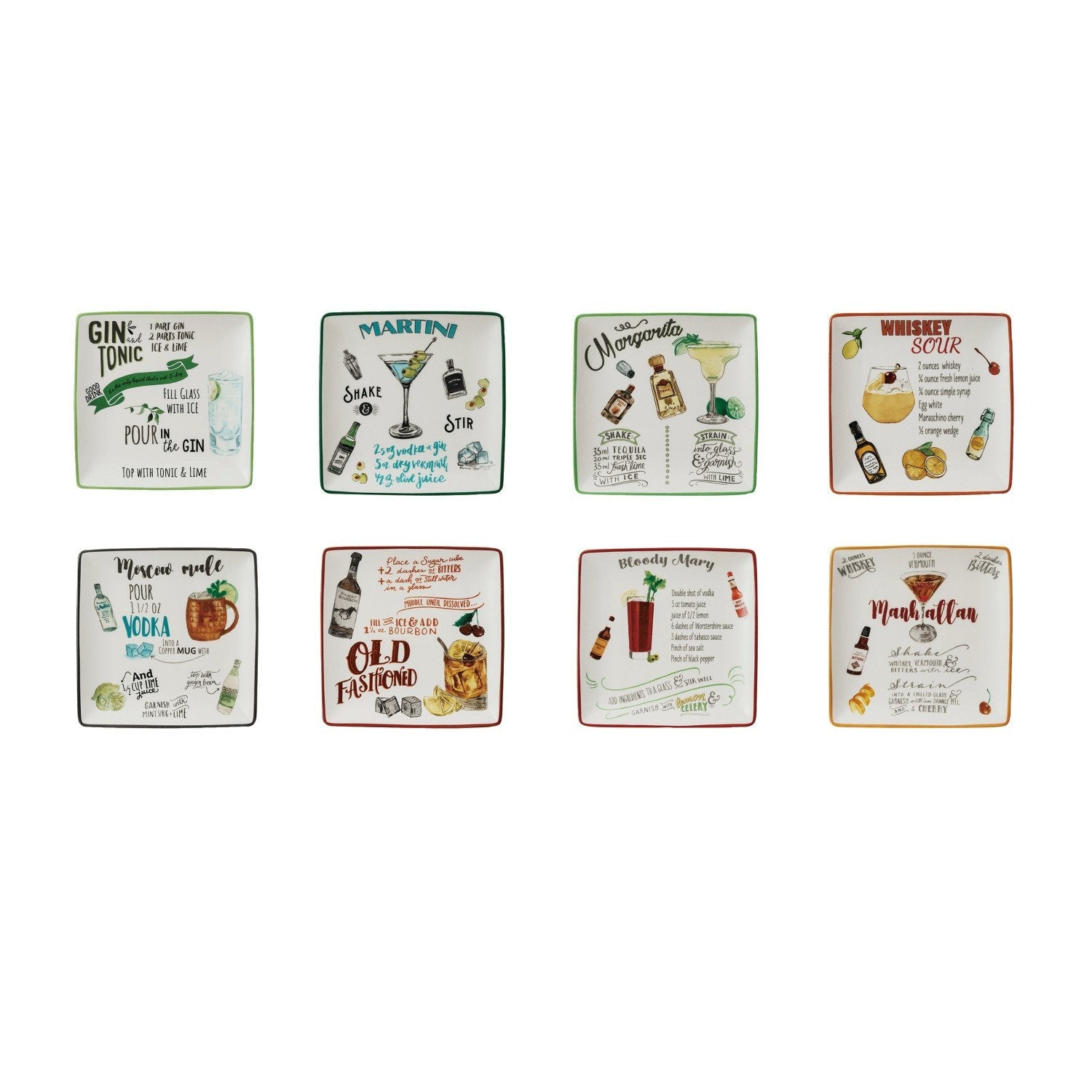 Design Shop Stoneware Plate w/ Cocktail Recipe & Art, Set of 8