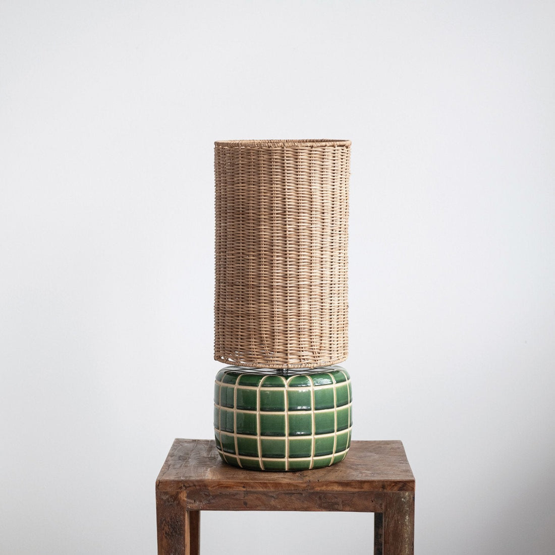 Design Shop Ceramic Tiled Table Lamp with Hand-Woven Rattan Shade