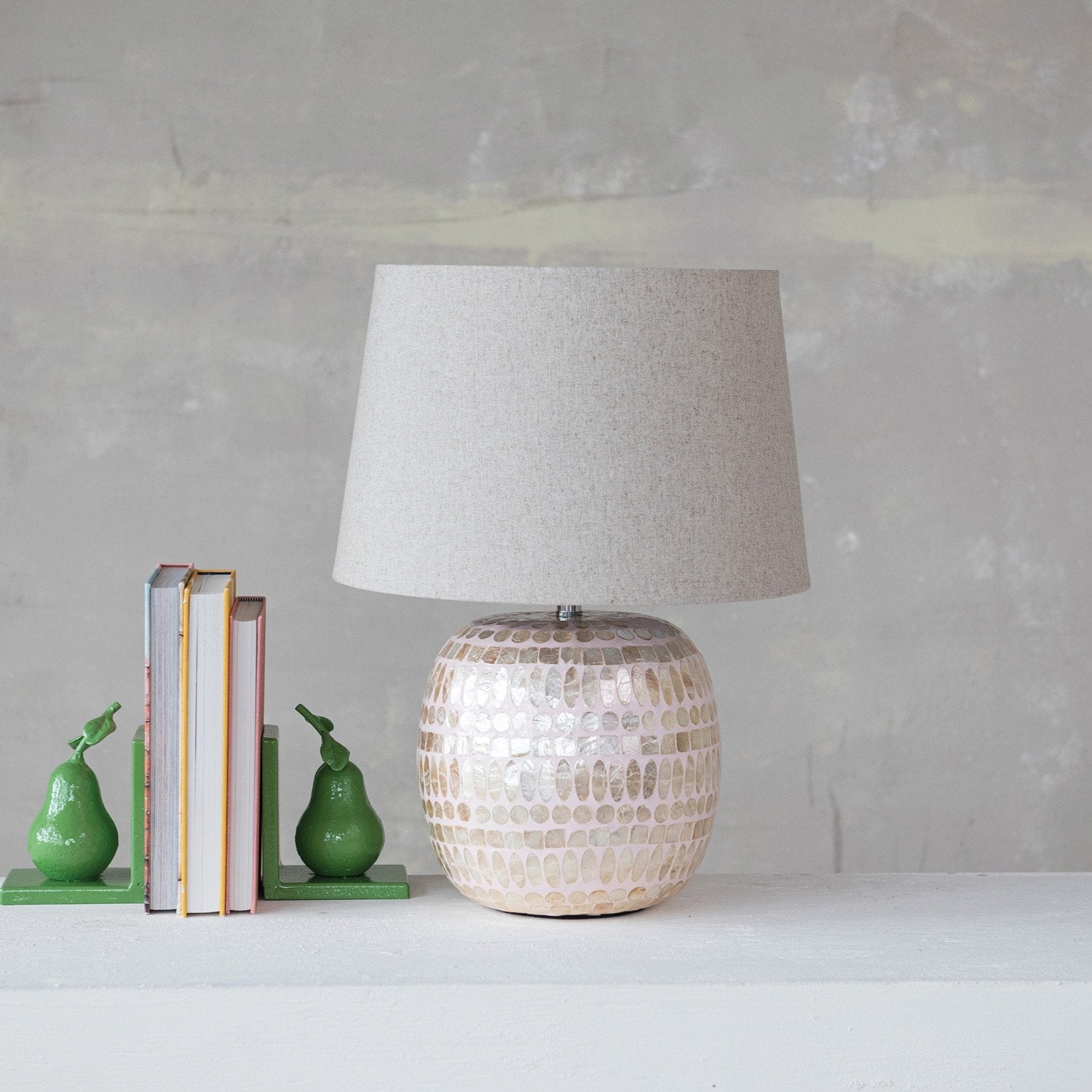 Design Shop Capiz Table Lamp with Linen Shade & Inline Switch, Pink & Natural