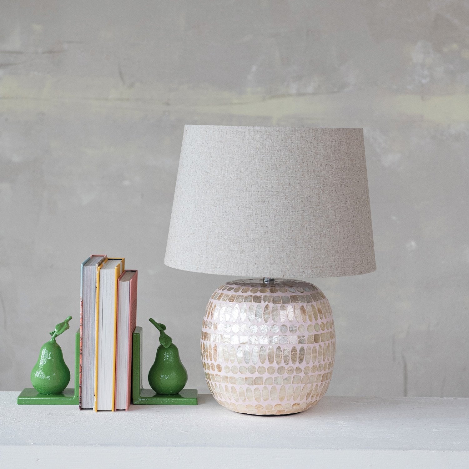 Design Shop Capiz Table Lamp with Linen Shade & Inline Switch, Pink & Natural