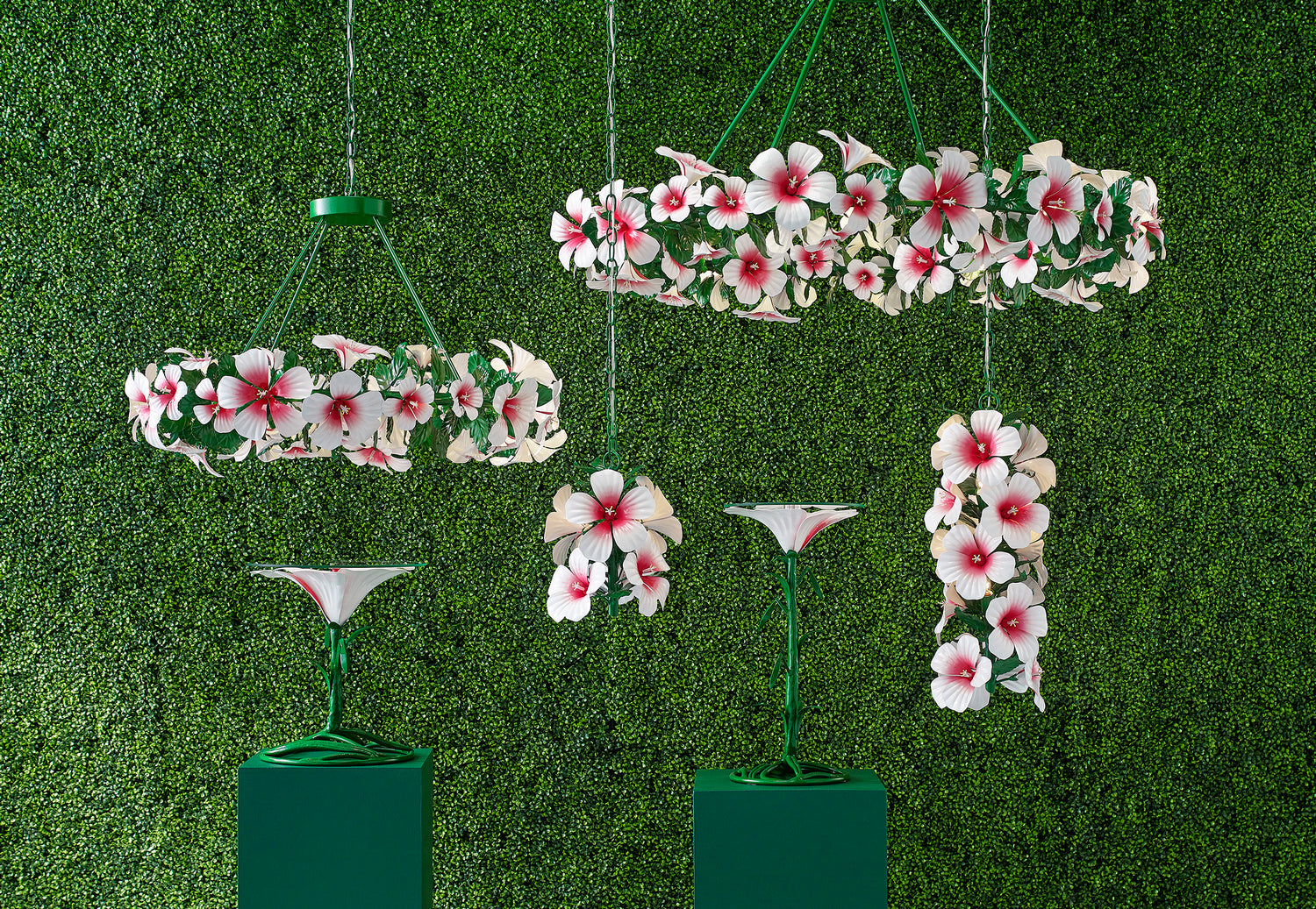 Currey and Company Three Light Chandelier from the Hibiscus Collection collection in Glossy White/Pink/Green finish