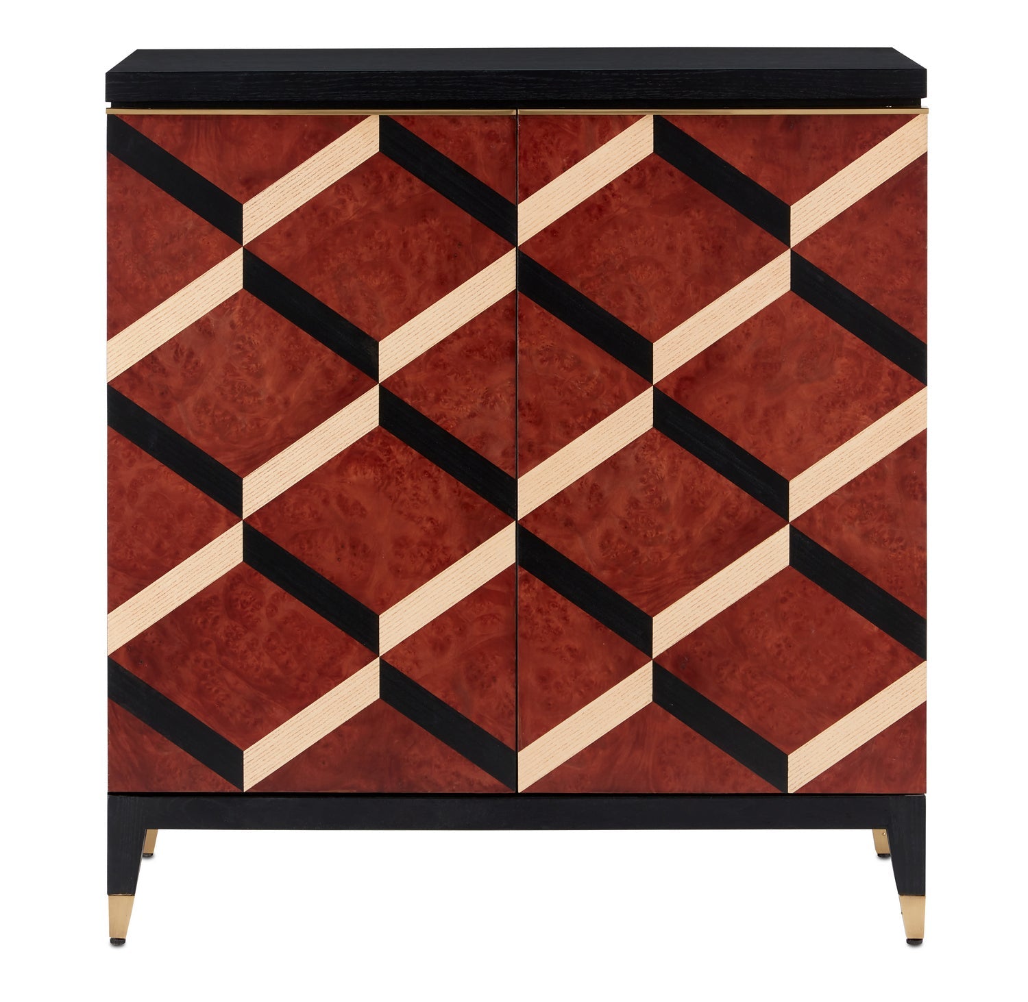 Currey and Company Bar Cabinet from the Sergio collection in Chestnut Burl/Black/Ash/Brass finish