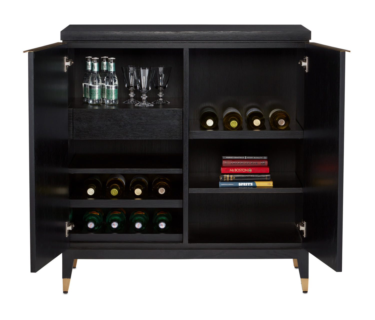 Currey and Company Bar Cabinet from the Sergio collection in Chestnut Burl/Black/Ash/Brass finish