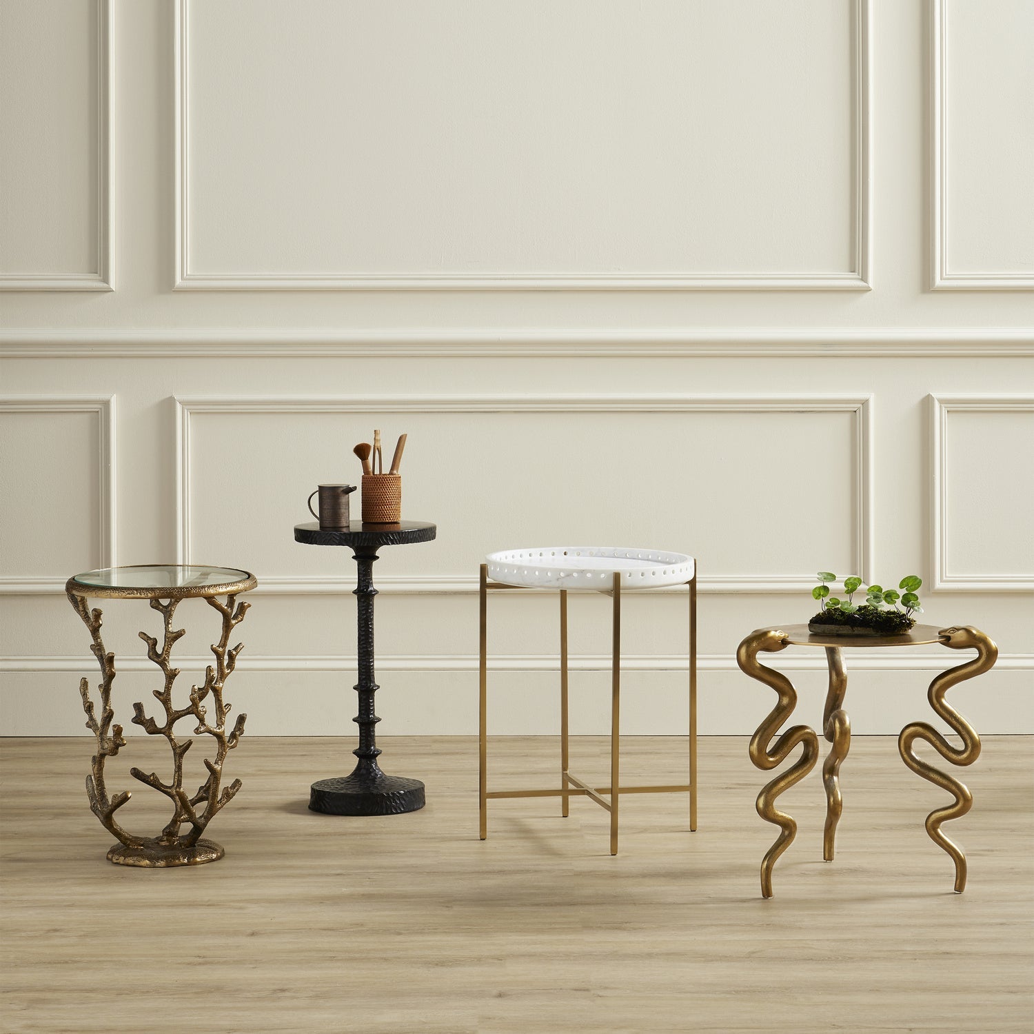 Currey and Company Accent Table from the Freya Collection collection in White/Antique Brass finish