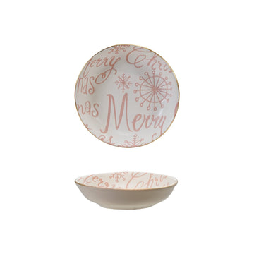 Design Shop Stoneware Dish with Gold Color Rim "Merry Christmas", Pink & White