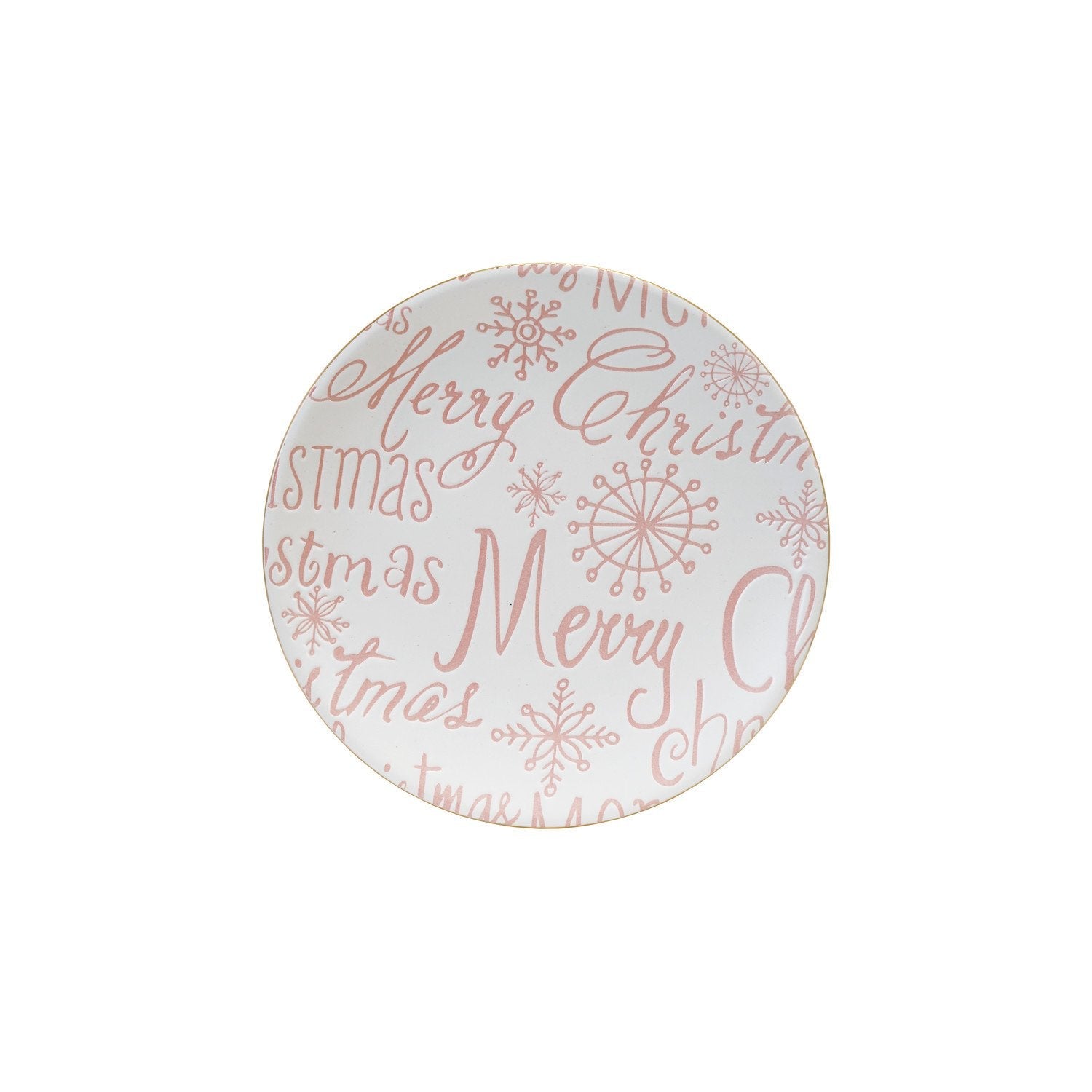 Design Shop Stoneware Plate with Gold Color Rim "Merry Christmas", Pink & White
