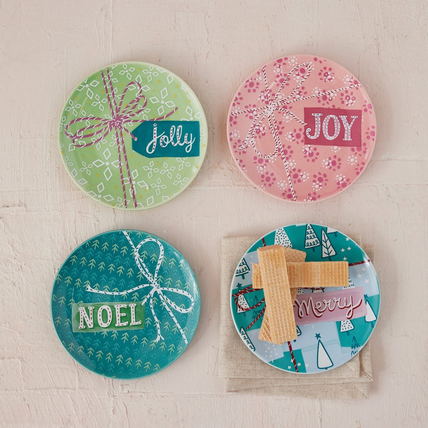 Design Shop 5" Round Stoneware Plate with Holiday Pattern & Word, Set of 4