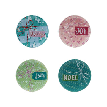 Design Shop 5" Round Stoneware Plate with Holiday Pattern & Word, Set of 4