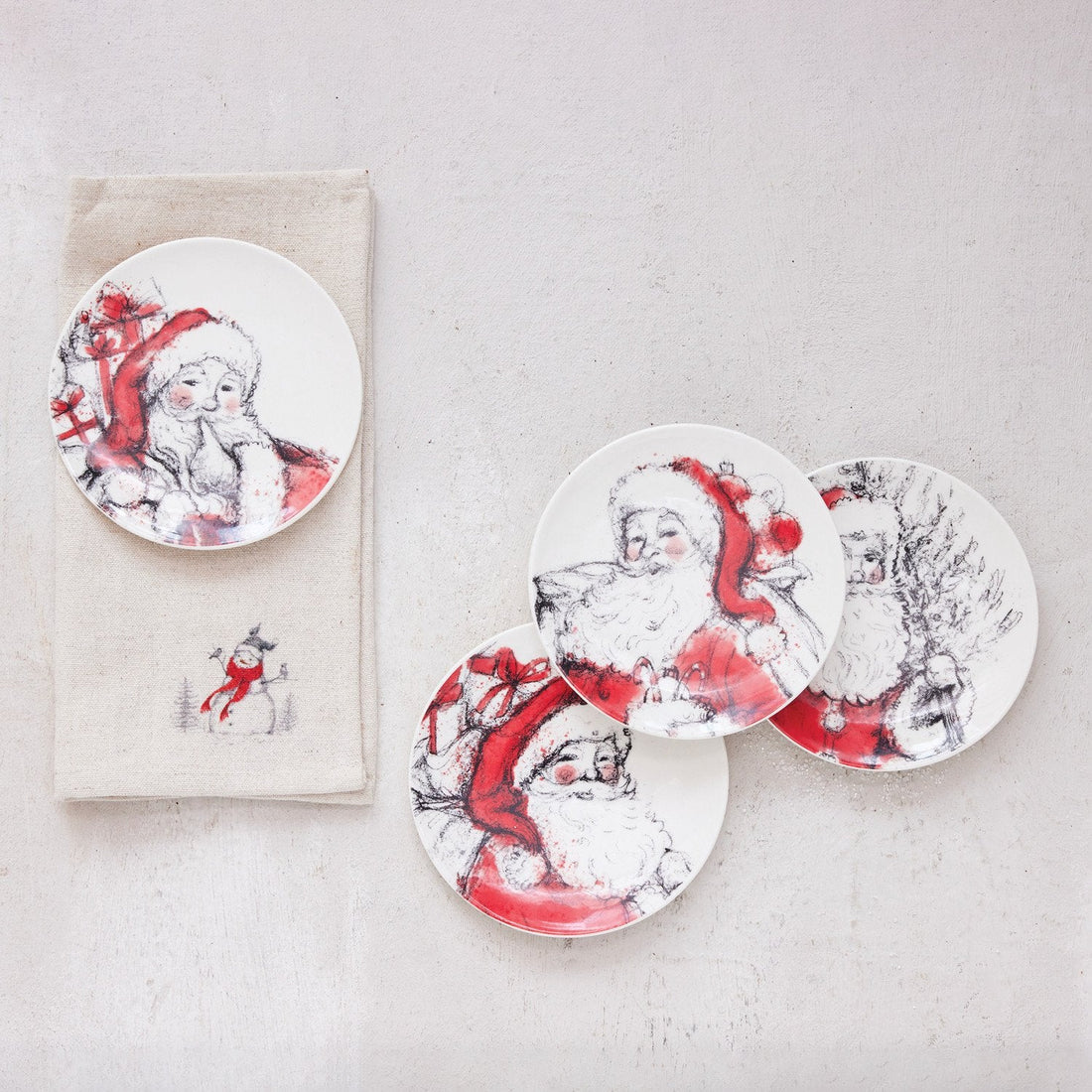 Design Shop Stoneware Plate with Santa Image, Red, Black & White, Set of 4