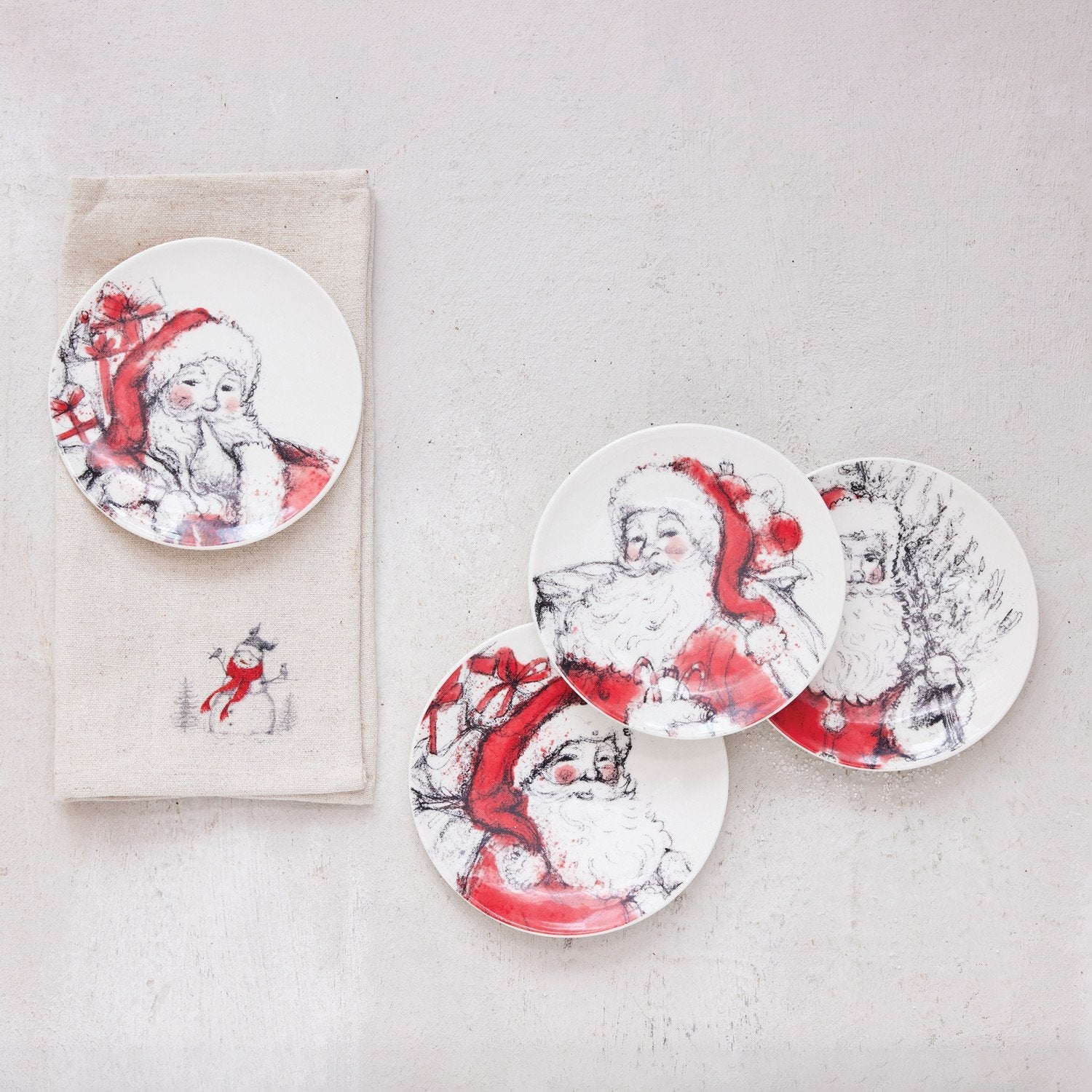 Design Shop Stoneware Plate with Santa Image, Red, Black & White, Set of 4