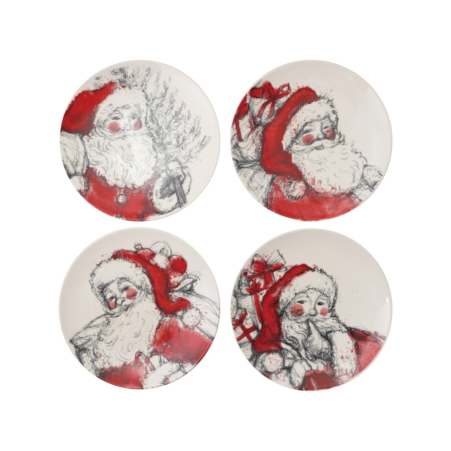 Design Shop Stoneware Plate with Santa Image, Red, Black & White, Set of 4