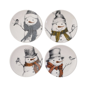 Design Shop 8" Round Stoneware Plate with Snowman & Bird Image, Set of 4