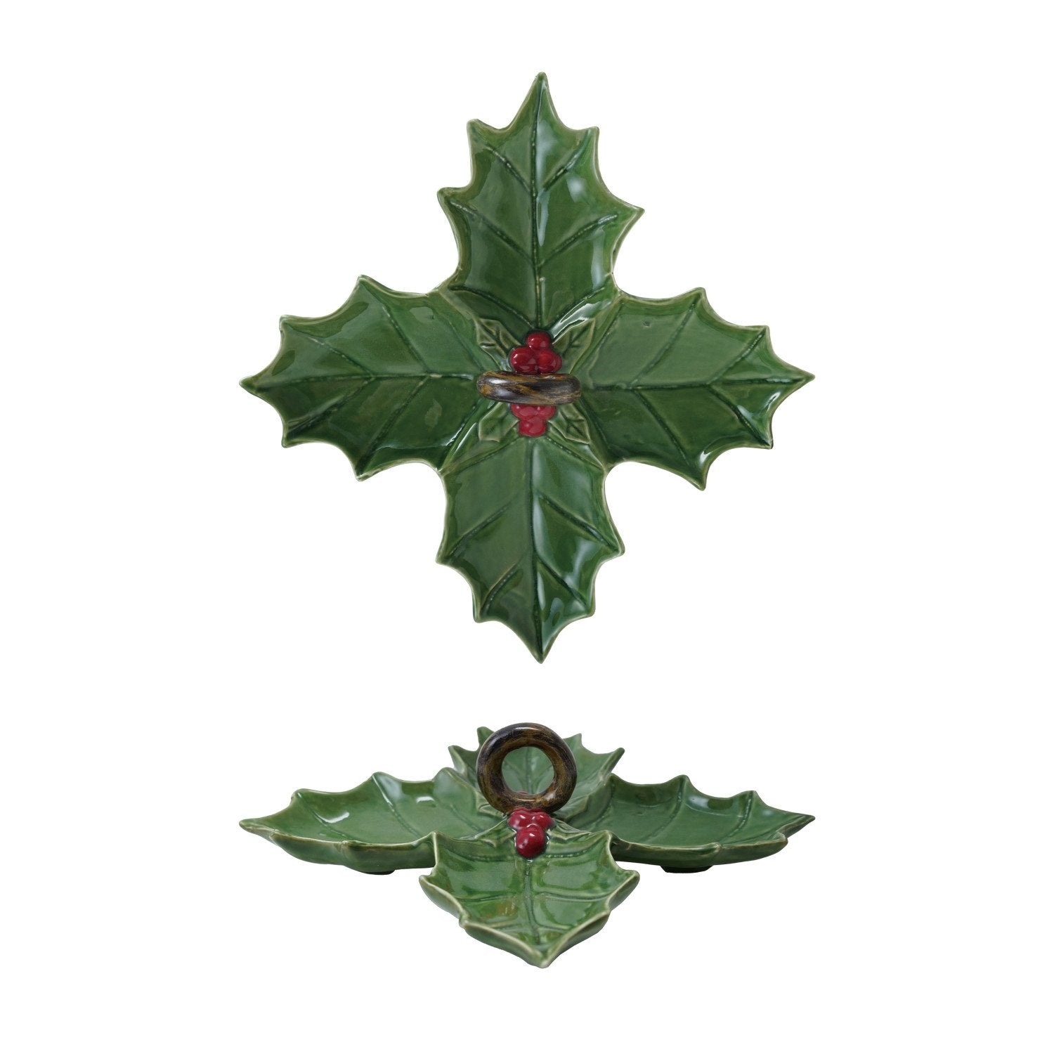 Design Shop Ceramic Holly Leaf Shaped Dish with 4 Sections & Handle