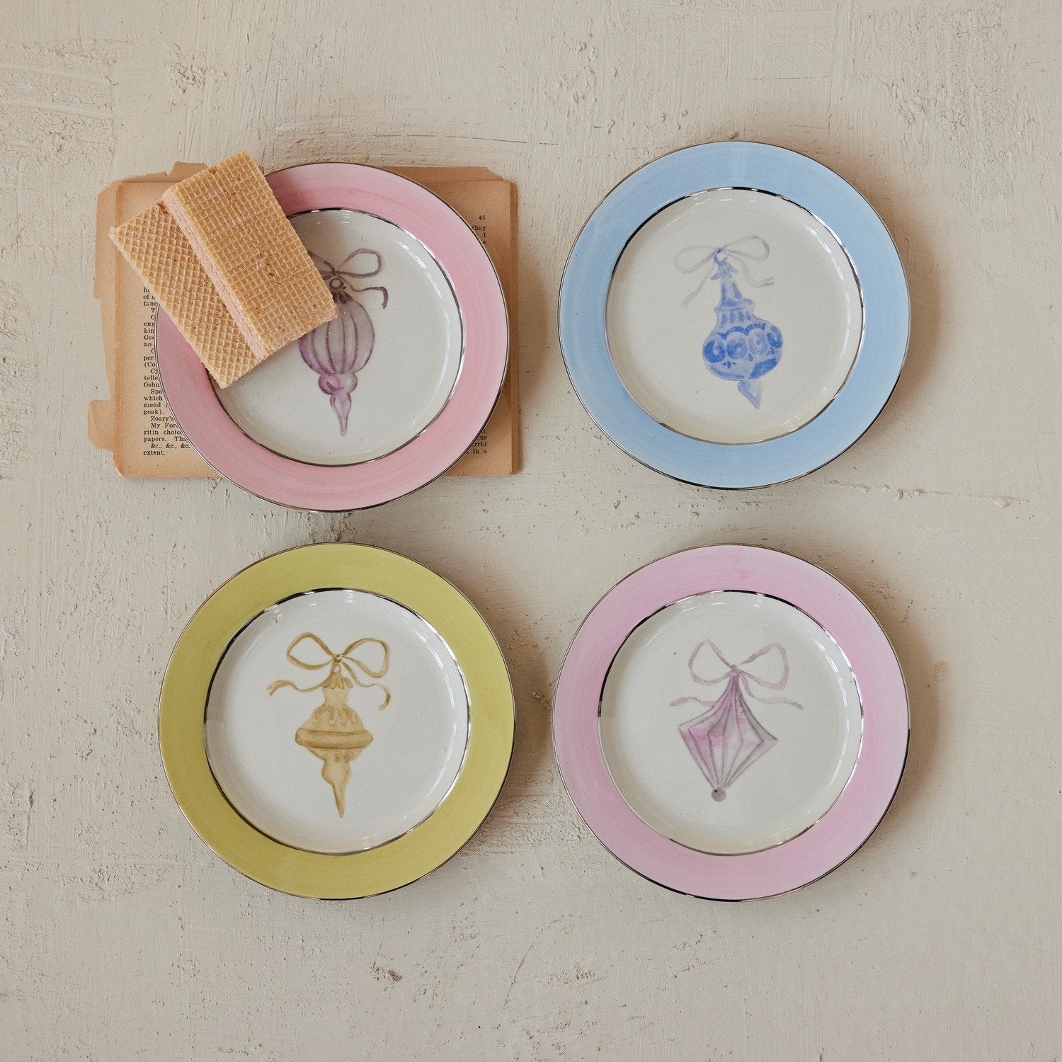 Design Shop Stoneware Plate with Ornament Image & Electroplated Edges, Set of 4