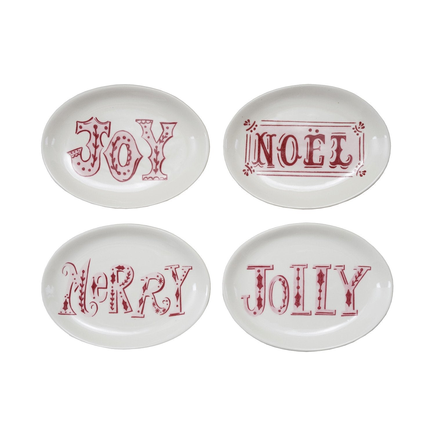 Design Shop Stoneware Plate with Holiday Word, Pink, Red & White, Set of 4