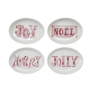 Design Shop Stoneware Plate with Holiday Word, Pink, Red & White, Set of 4
