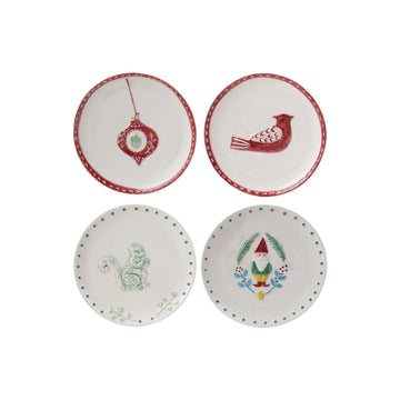 Design Shop Hand-Painted Embossed Stoneware Plate with Holiday Image, Set of 4